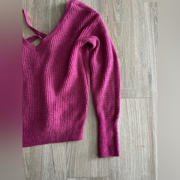 Anthropologie Maeve Cross Back Waffle Knit Sweater Fascia Pink Wool Blend XS - Picture 5 of 10
